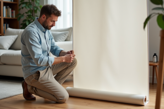 Homme en chemise bleue vérifiant un grand tissu dans un salon moderne