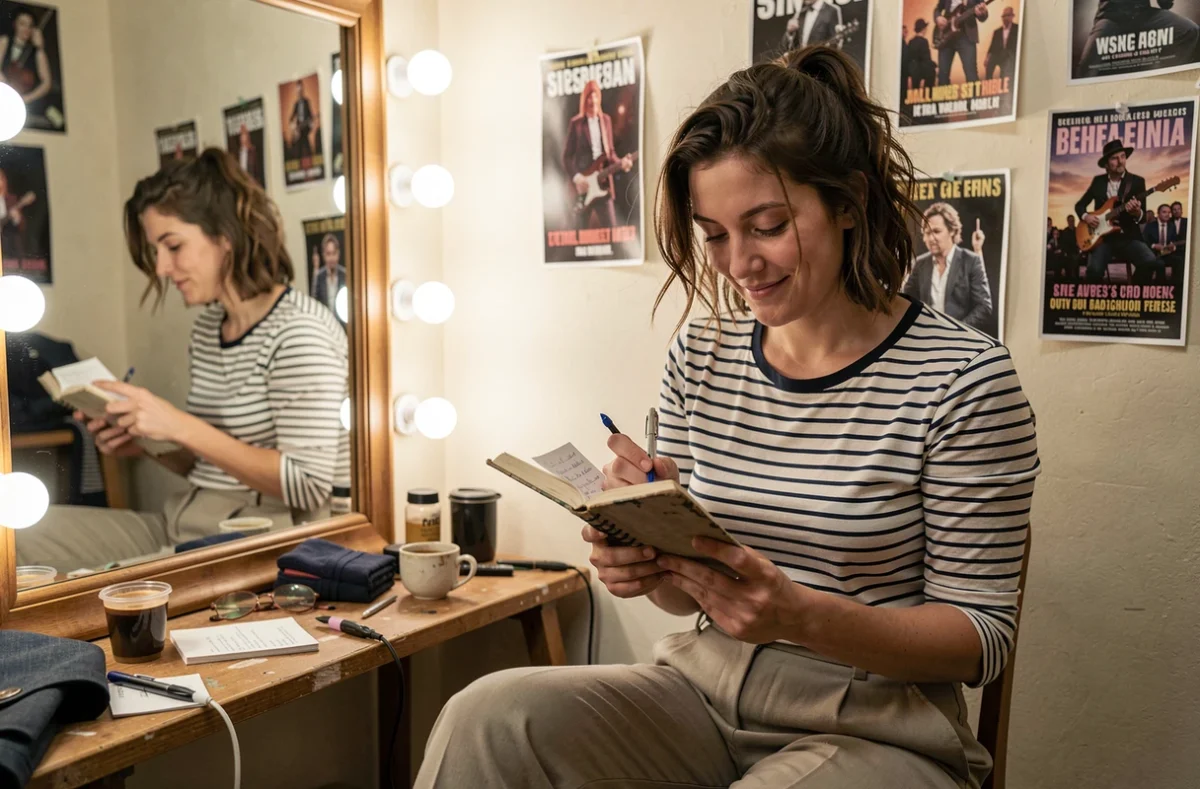 Humoriste française en coulisses préparant son spectacle, assise devant un miroir de loge avec ses notes manuscrites
