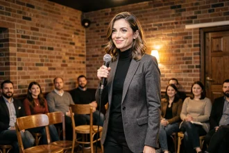 Humoriste française sur scène dans un comedy club parisien, microphone en main, exprimant un trait d'humour avec confiance et charisme