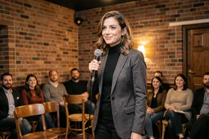 Humoriste française sur scène dans un comedy club parisien, microphone en main, exprimant un trait d'humour avec confiance et charisme