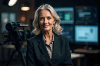 Femme politique en costume sombre devant un plateau de télévision, illustrant la construction de l'image médiatique des personnalités publiques françaises