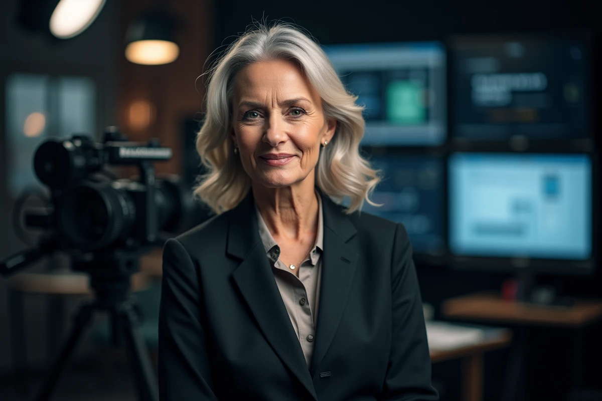 Femme politique en costume sombre devant un plateau de télévision, illustrant la construction de l'image médiatique des personnalités publiques françaises