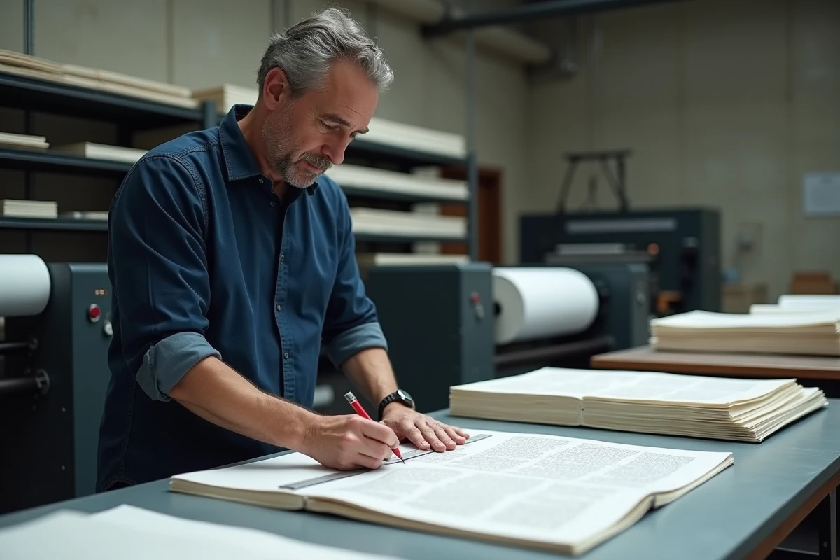 Imprimeur mesurant les marges d'un livre imprimé sur une table lumineuse dans un atelier professionnel