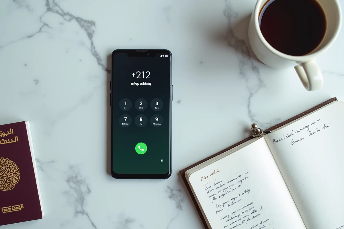 Vue aérienne d'un smartphone affichant l'indicatif téléphonique +212 du Maroc sur un bureau minimaliste avec passeport marocain