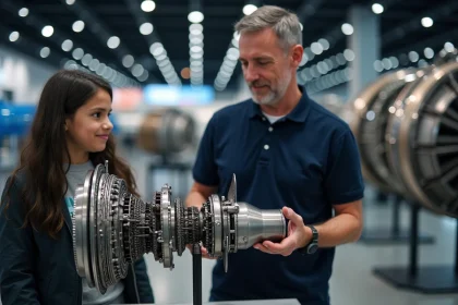Ingénieur aéronautique expliquant un moteur d'avion à une adolescente