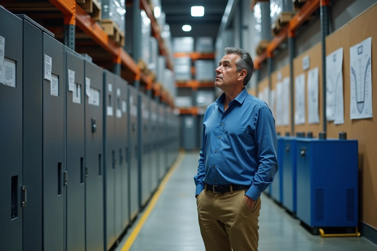 Ingénieur industriel examine batteries dans un entrepôt moderne