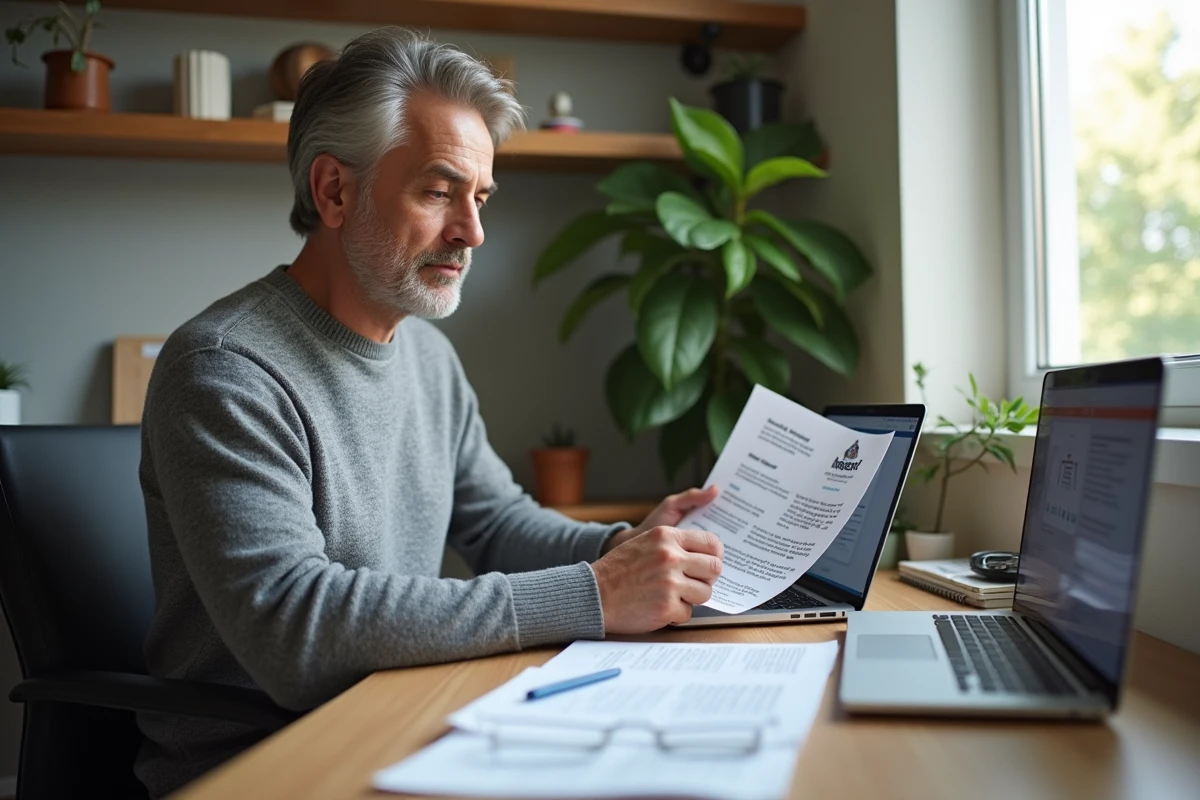 Homme consultant les informations d'inscription au casting de La roue de la fortune 2026 depuis son bureau à domicile