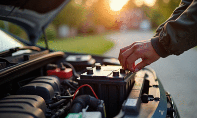 Personne inspectant la batterie d'une voiture au soleil