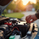Personne inspectant la batterie d'une voiture au soleil