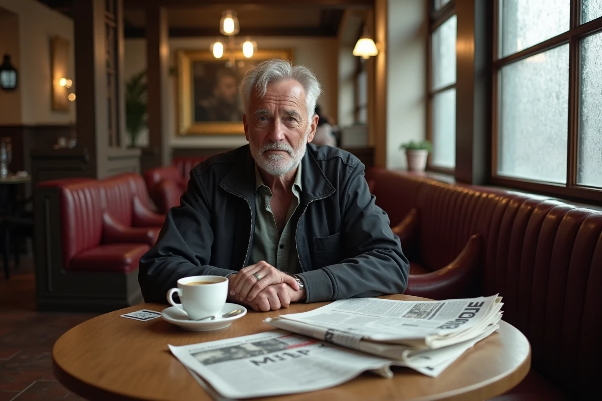 Homme intellectuel dans un café parisien entouré de coupures de presse, symbole du regard médiatique et de l'image publique construite par les journaux