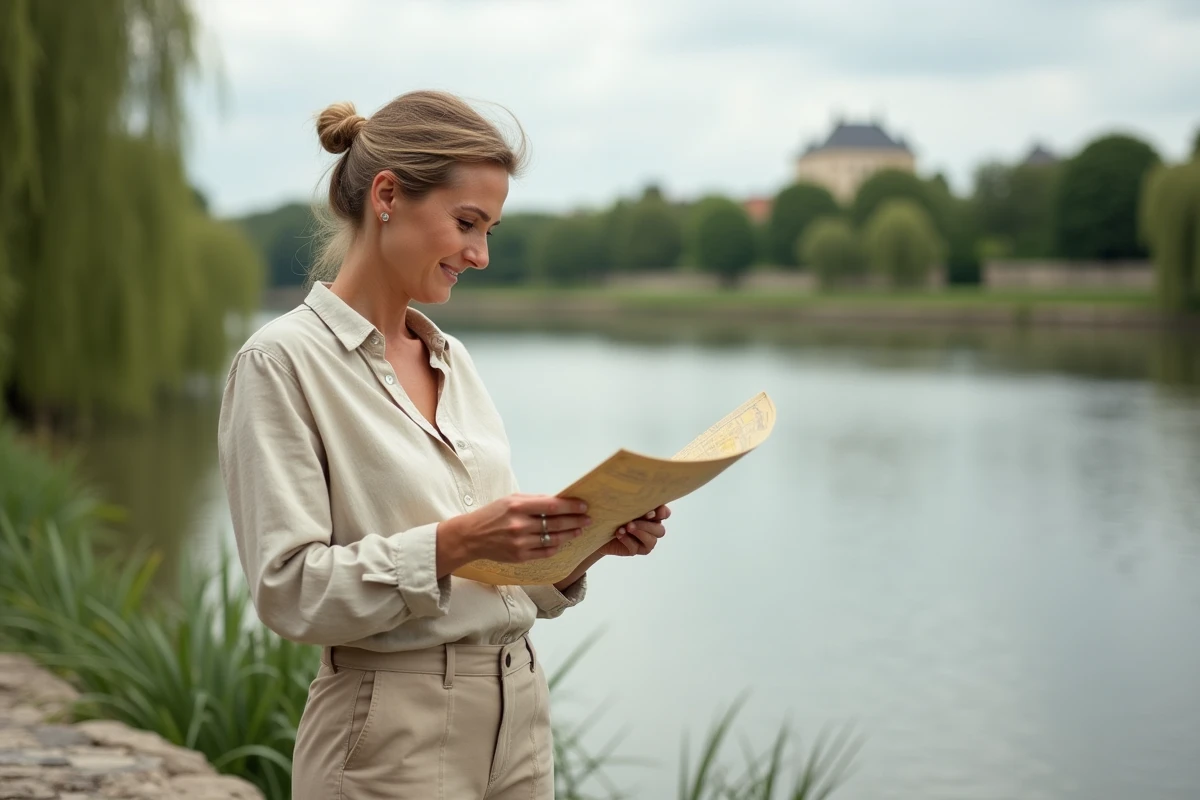 Femme consultant une carte sur les rives de la Loire lors d'un itinéraire de vacances le long des fleuves de France