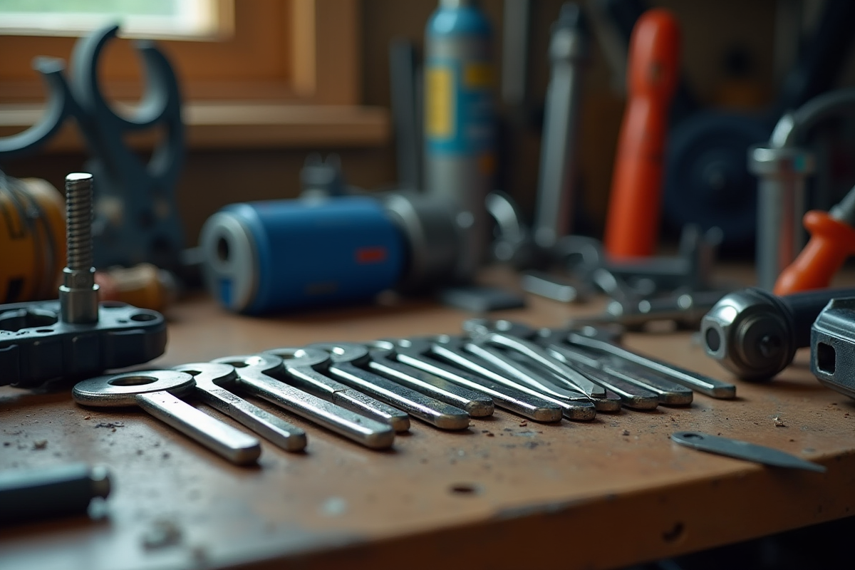 Jeu de clés Allen avec outils de réparation de vélo sur un plan de travail
