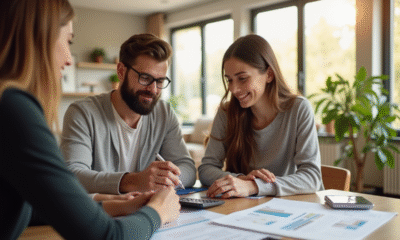 Jeune couple discutant achat immobilier dans un salon lumineux