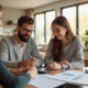 Jeune couple discutant achat immobilier dans un salon lumineux