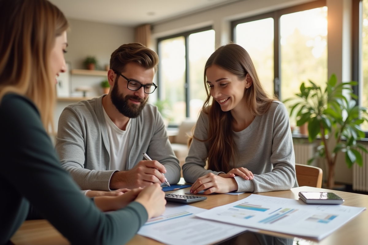 Jeune couple discutant achat immobilier dans un salon lumineux