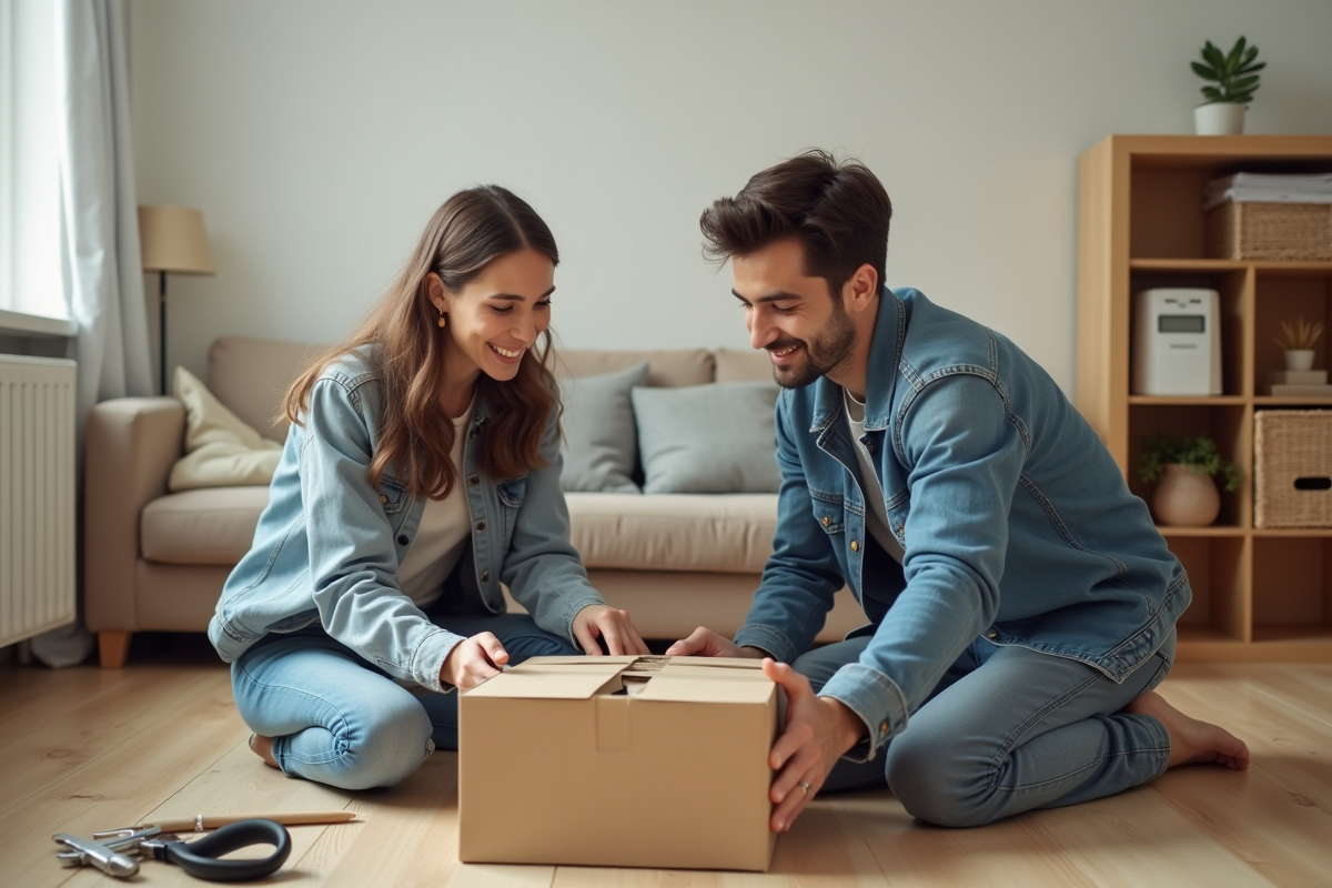 Jeune couple assemble des meubles dans leur salon lumineux