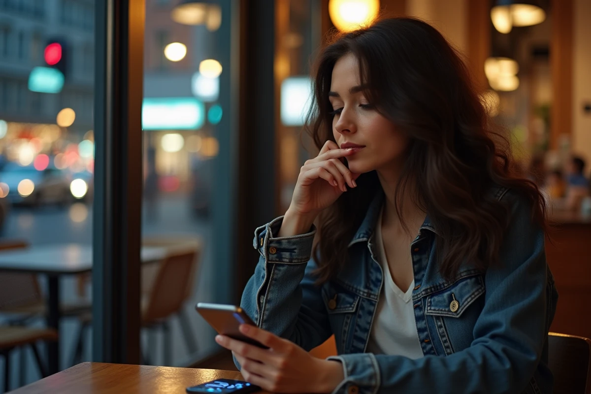 Jeune femme en café la nuit avec ville en arrière-plan