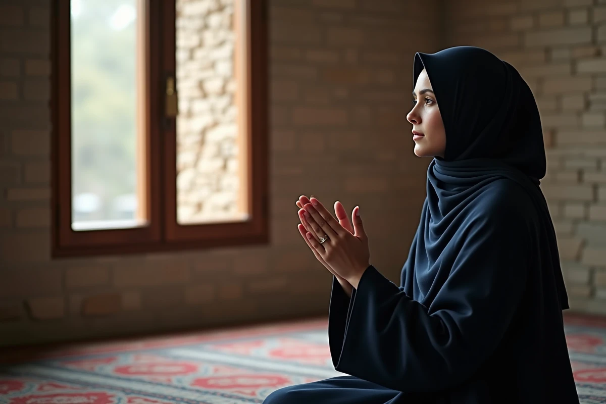 Jeune femme musulmane en priere dans une mosquee
