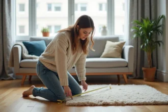 Jeune femme mesure un tapis dans un salon moderne