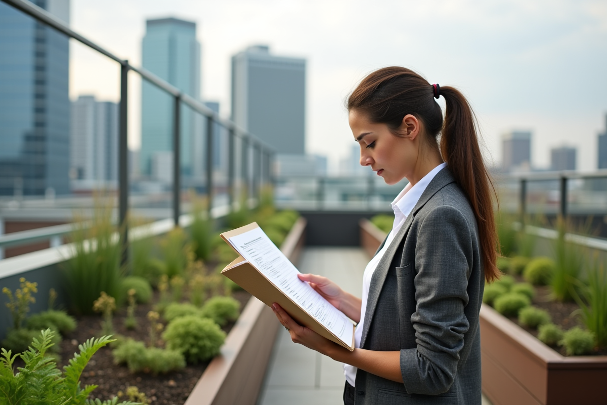 Jeune femme examine un rapport de durabilite en plein air