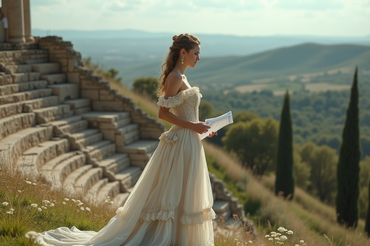 Jeune femme en robe vintage devant ruines d