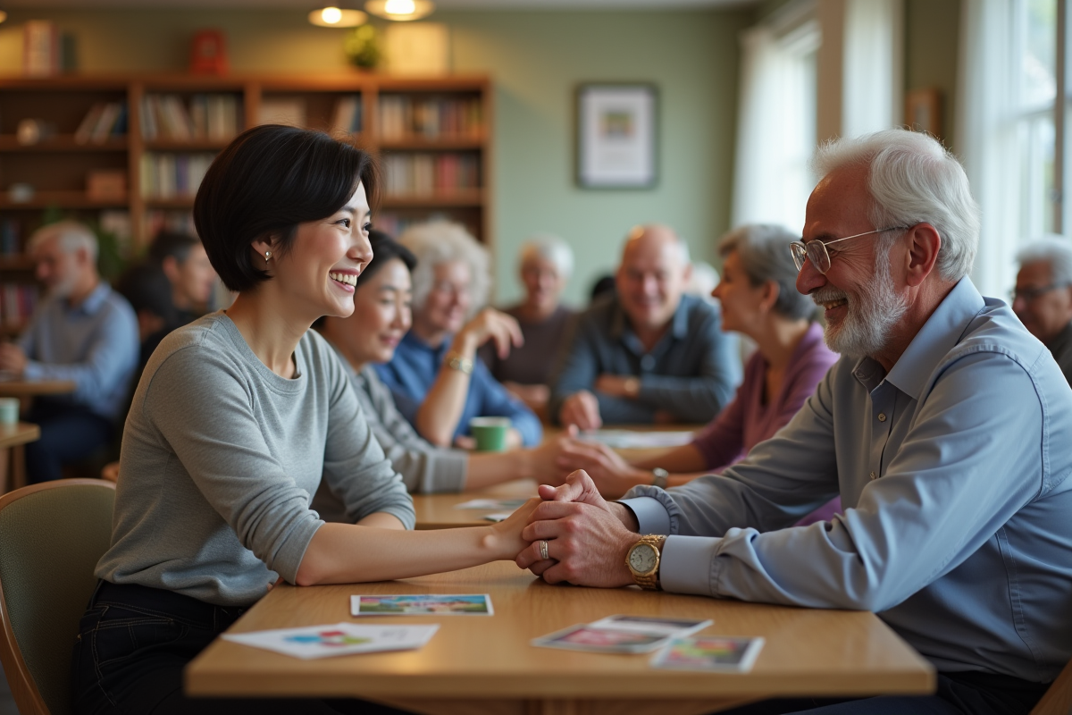 Jeune femme et homme âgé se serrant la main dans un centre communautaire