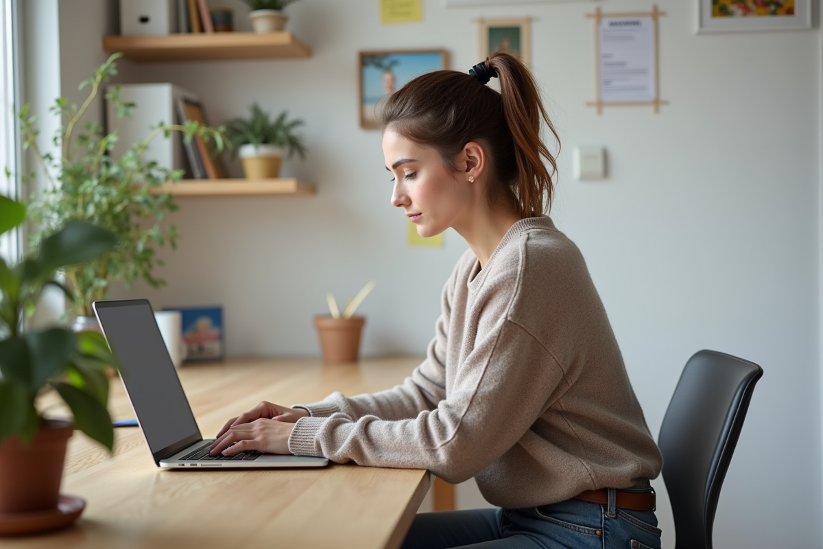 Jeune femme assise à un bureau moderne en train de taper sur un ordinateur portable