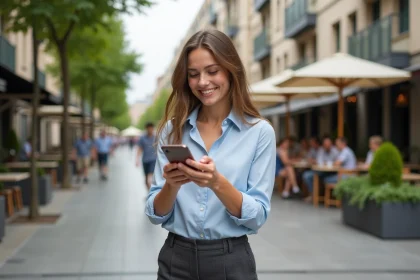 Jeune femme urbaine souriante marche dans Mille Nord