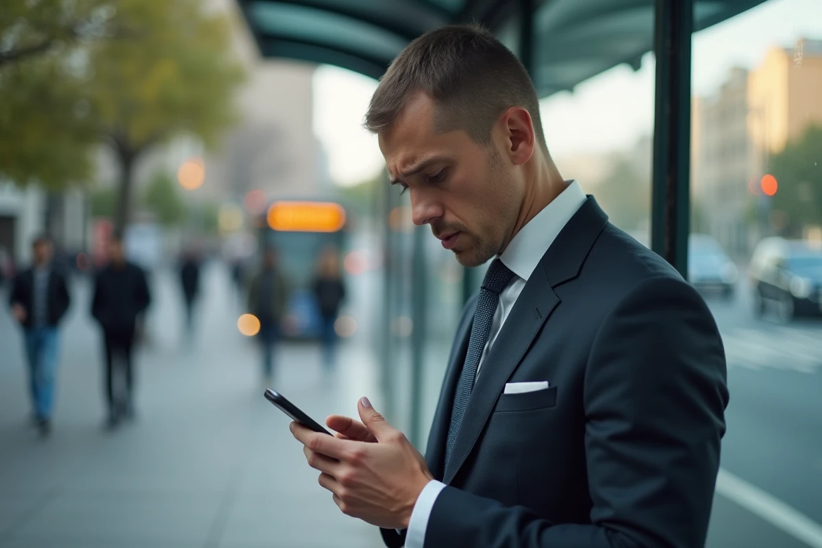 Jeune homme habillé au arrêt de bus en ville