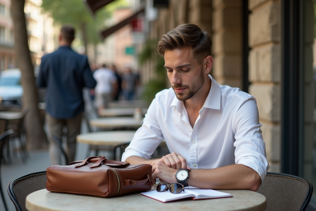 Jeune homme examinant un sac en plein air au café