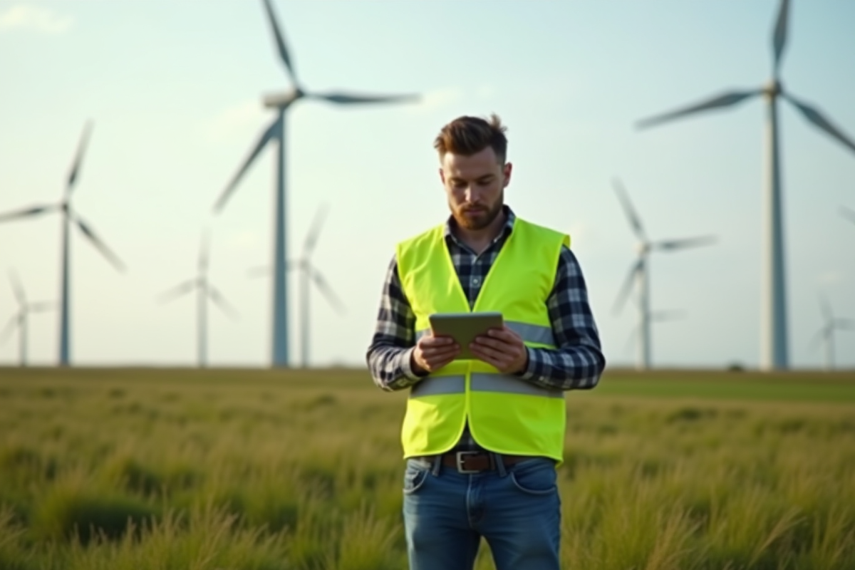 Jeune homme en gilet haute visibilité observant une éolienne dans un champ