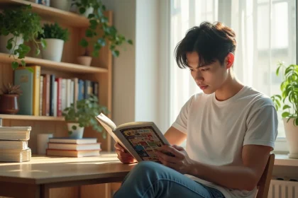 Jeune homme lisant manga sur tablette dans une chambre cosy