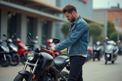 Jeune homme examine une moto 125cc en concession