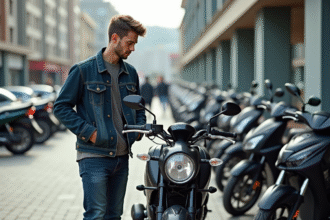 Jeune homme examine une moto 125cc en ville