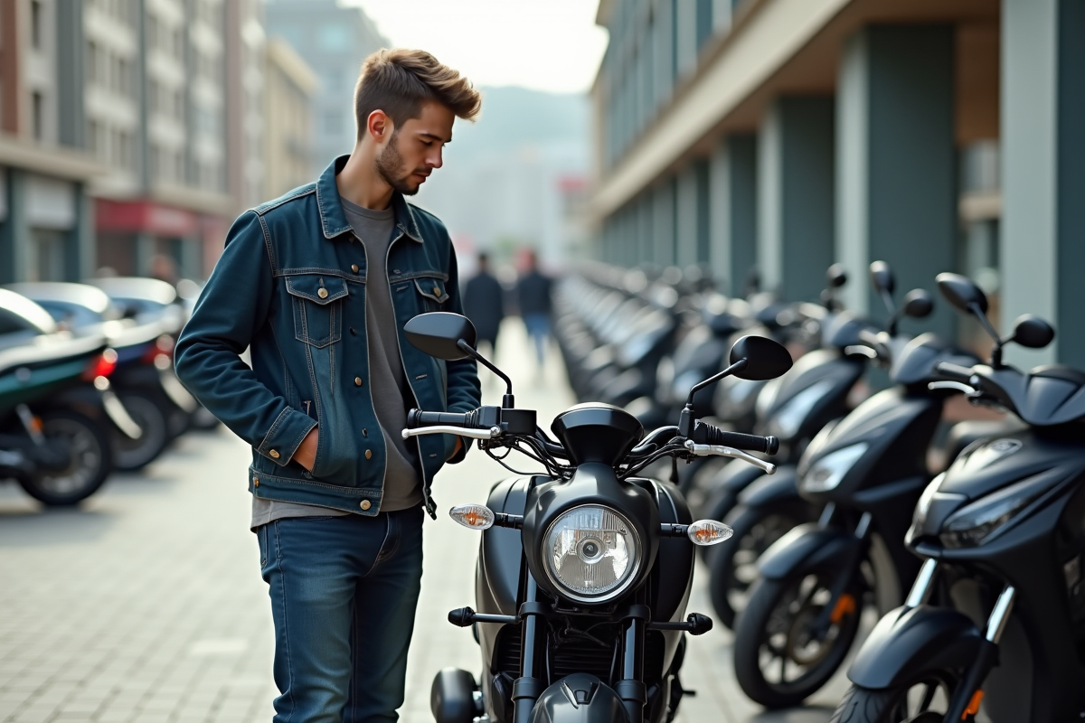 Jeune homme examine une moto 125cc en ville