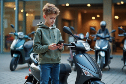 Jeune garçon regardant une moto 50 cc avec son smartphone