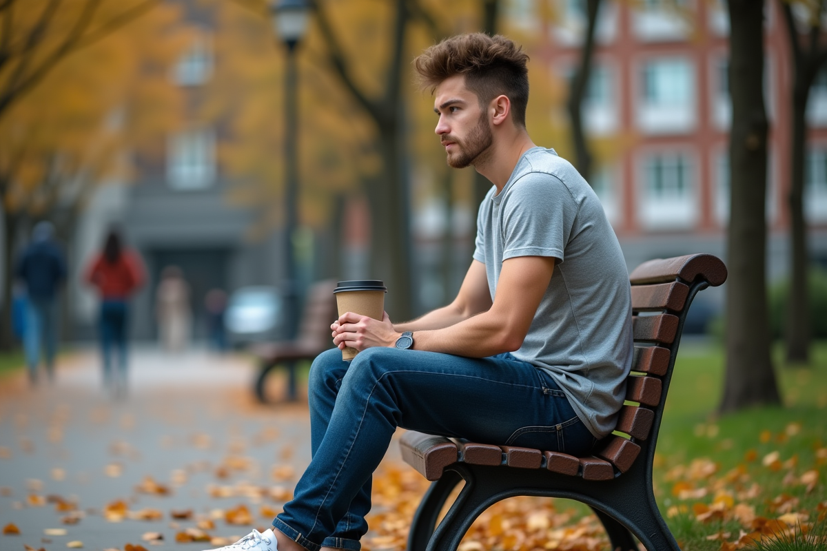 Jeune homme seul sur un banc dans un parc urbain