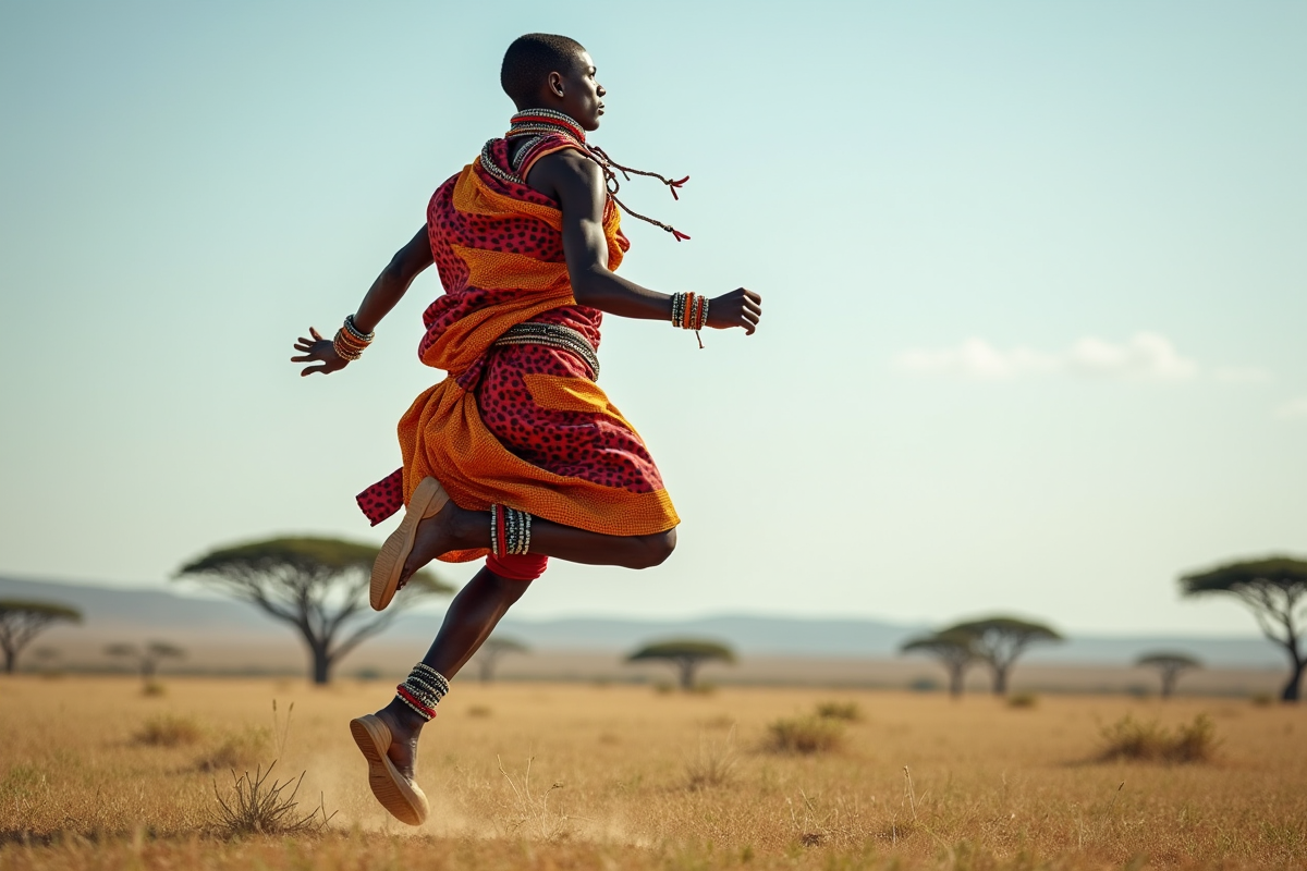 Jeune homme Maasai sautant lors d une danse traditionnelle en plein air