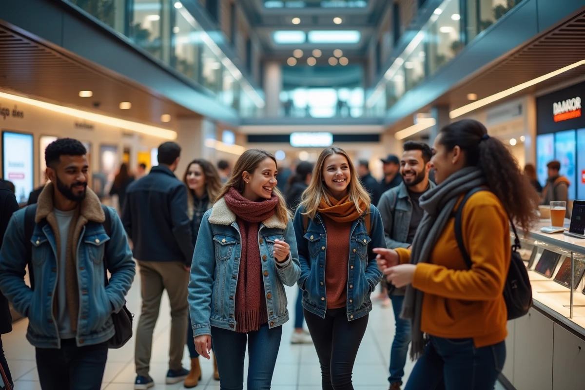 Jeunes adultes regardant des produits électroniques dans un centre commercial