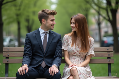 Deux jeunes assis sur un banc dans un parc urbain