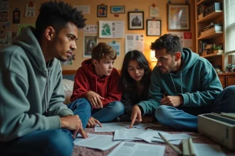 Groupe de jeunes autour d'un vieux PC dans une chambre nostalgique