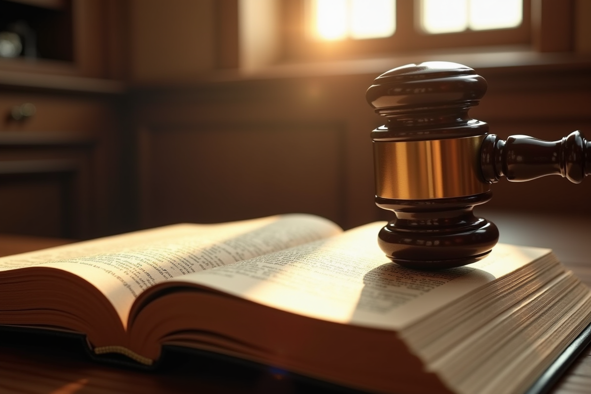 Marteau de juge sur le Code civil ouvert en lumière