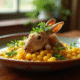 Lapin à la moutarde servi dans une assiette en céramique rustique