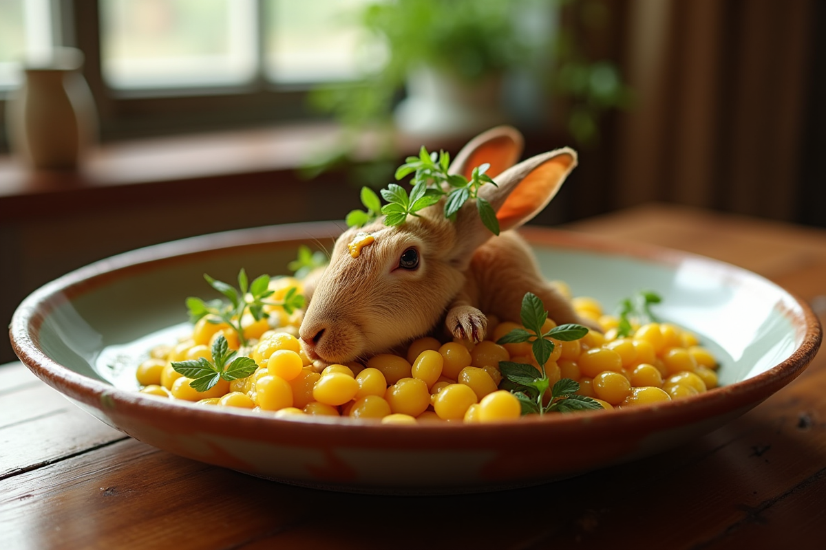 Lapin à la moutarde servi dans une assiette en céramique rustique