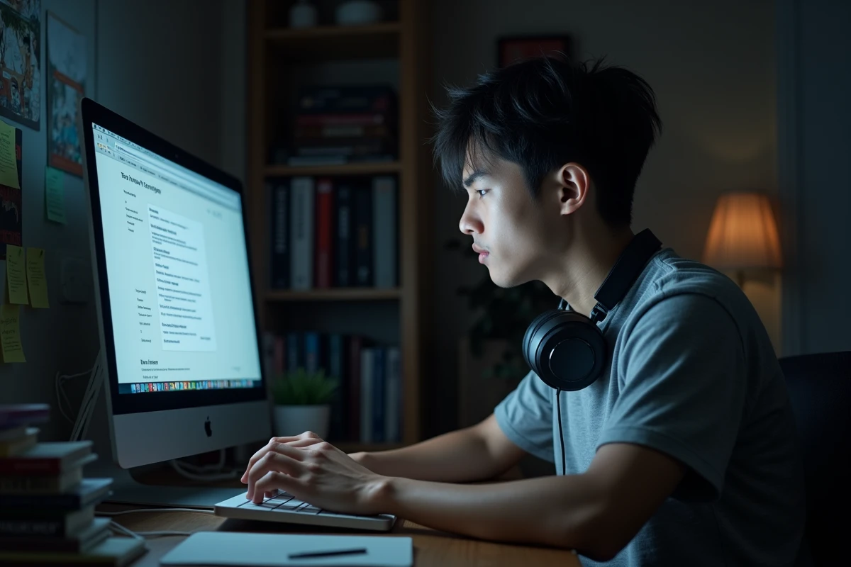 Homme cherchant des scans de manga yaoi abandonné sur un forum de traduction en ligne devant son ordinateur