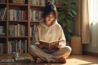 Jeune femme lisant un manga yaoi dans un appartement entouré de volumes de manga abandonnés sur le sol
