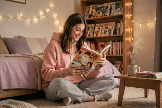 Jeune femme lisant un manga yaoi dans sa chambre cosy entourée de livres manga empilés