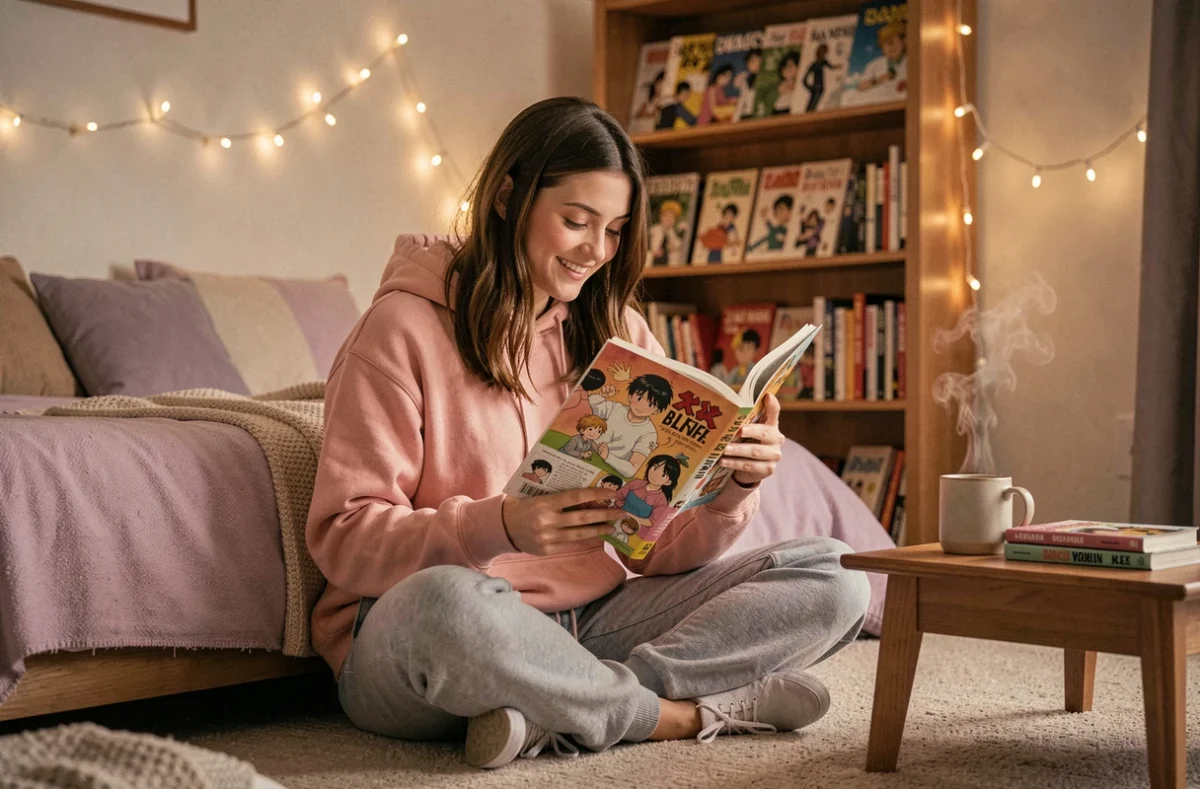 Jeune femme lisant un manga yaoi dans sa chambre cosy entourée de livres manga empilés