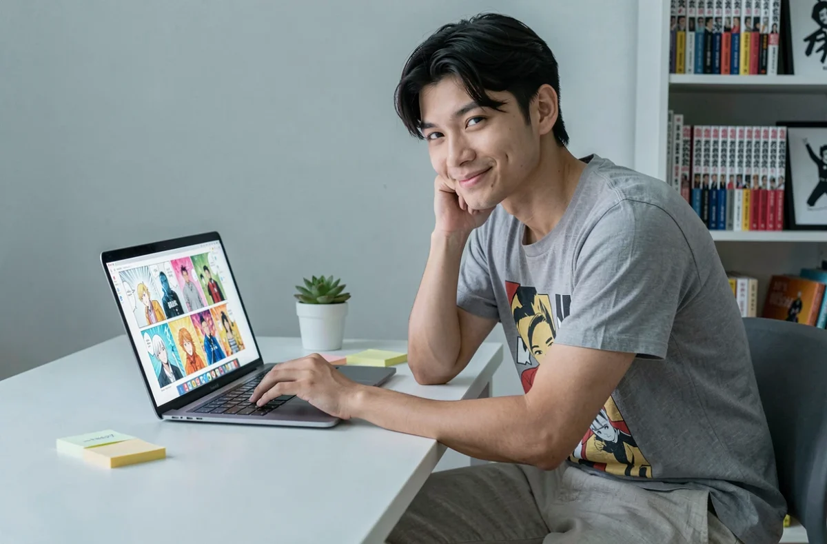 Jeune adulte lisant des mangas yaoi sur ordinateur portable dans un espace de travail minimaliste à domicile