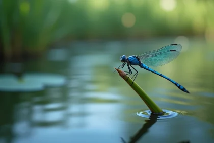 Libellule bleue posée sur un roseau au bord d'un étang paisible, symbolisant l'énergie des chakras et les vibrations spirituelles
